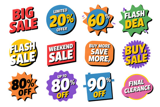 Assortment of 12 vibrant sale and discount offer badges on black graphic design