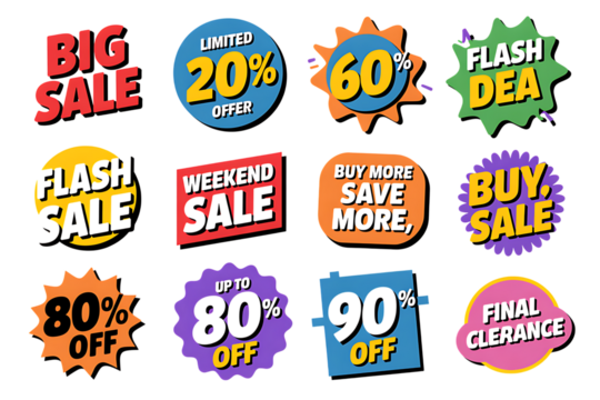 Assortment of 12 vibrant sale and discount offer badges on black graphic design