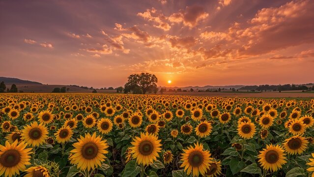 Sunflowers in a field at sunrise with a dramatic sky and scattered clouds. - Powered by Adobe