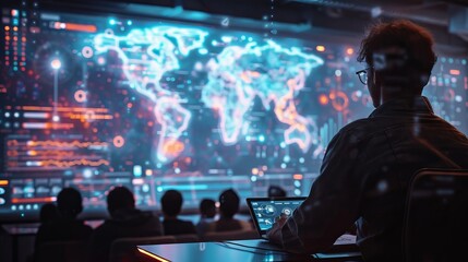 Teacher explains business strategy to students with holographic AI projection in a futuristic classroom full of digital light