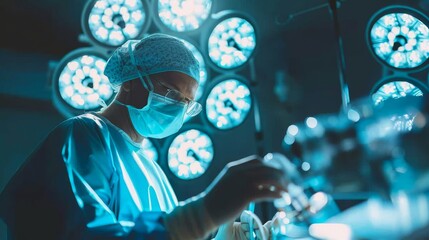 Surgeon engages with AI-supported robotic assistant during intricate surgical procedure under bright, sterile lighting