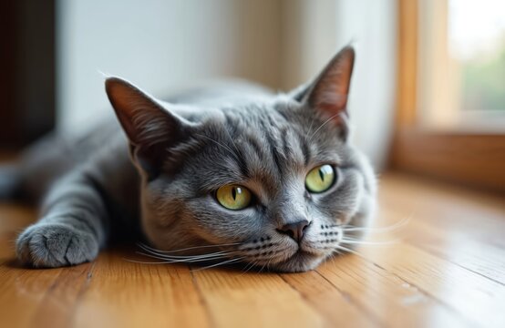 Grey tabby cat lies down on floor near window. Domestic pet rests indoors. Kitty looking at camera with its green eyes is tired after playing games.