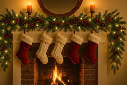 Cozy festive fireplace with stockings background