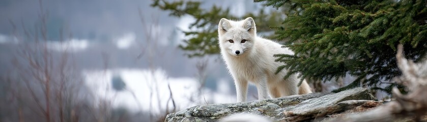 Obraz premium Arctic fox stands on rocky ground near evergreen foliage in a cold, natural setting