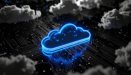 Neon Blue Cloud Icon on Dark Circuit Board