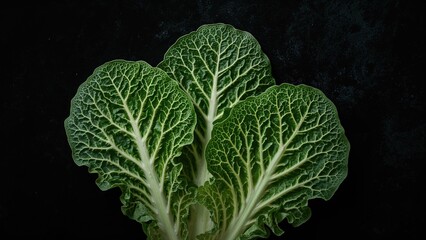 Fresh green leafy vegetables with prominent veins on dark background. Healthy food concept. Vegetables and nutrition. The concept of fresh and organic produce.