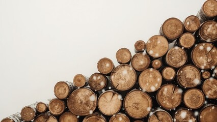 Stacked logs of wood arranged in a pile on a plain background. Natural wooden textures and circular cross-sections. Wooden logs, timber, and woodpile.