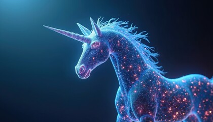 Digital unicorn. Geometric horse design glows on dark. Abstract mesh art. Virtual creature. Magic neon horse. Polygonal pony. Mythical animal. Unicorn with horn. Futuristic style horse. Artificial