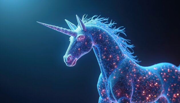 Digital unicorn. Geometric horse design glows on dark. Abstract mesh art. Virtual creature. Magic neon horse. Polygonal pony. Mythical animal. Unicorn with horn. Futuristic style horse. Artificial - Powered by Adobe