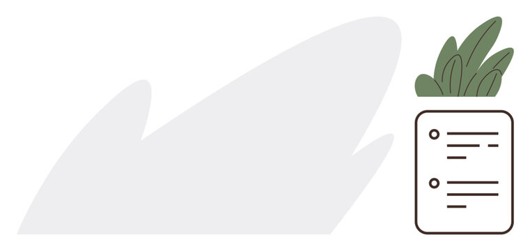 Structured document layout with bullet points next to vibrant green plant in planter. Ideal for organization, planning, productivity, minimalism, eco-consciousness, clean design, simple flat metaphor