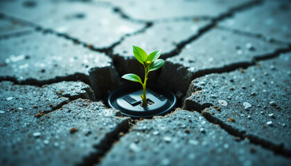New green sprout emerges from cracked concrete symbolizing hope and resilience
