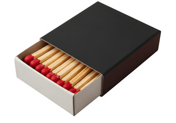 Open Black Matchbox with Wooden Matches Red Tips Isolated on Transparent Background PNG – Realistic High-Quality Image