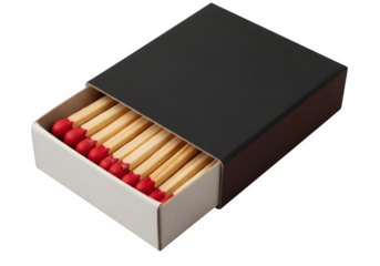 Open Black Matchbox with Wooden Matches Red Tips Isolated on Transparent Background PNG – Realistic High-Quality Image