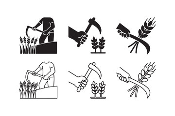 Crop Harvesting Vector Set Outline and Silhouette Design