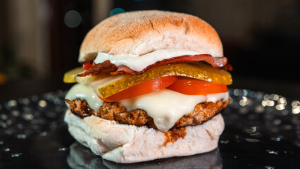 Juicy burger with special rub, melted cheese, onion chutney, crispy bacon, gherkins, and tomato slices. Perfect comfort food for gourmet meals and promotions.