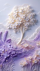 Naklejka premium Dreamy Blossom Tree with Lavender Field in Pastel Colors Illustration