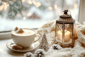 Cozy winter scene features a warm beverage alongside a lit lantern on a windowsill overlooking snow