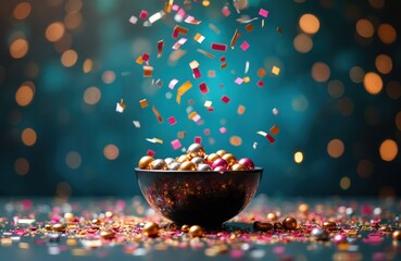 Colorful confetti rains down onto a bowl filled with shiny metallic spheres. Small round ornaments and scattered paper pieces cover the table surface, creating a festive atmosphere.