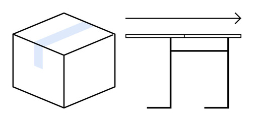 Cube with a geometric mark, an arrow indicating direction, and a table-thumbs up structure. Ideal for logistics, design, innovation, minimalism, motion abstraction spatial concepts. A simple flat