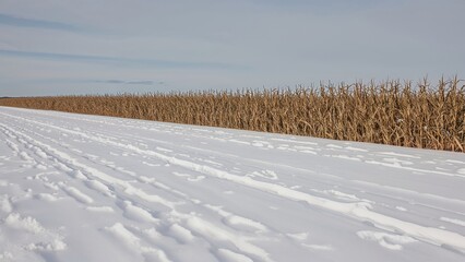 Snow-covered landscape with a cornfield in the background on a clear day.