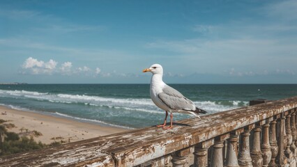 Seagull standing on a wooden railing overlooking the beach with waves and blue sky in the background. Coastal scene and bird observation. Nature and seaside environment.