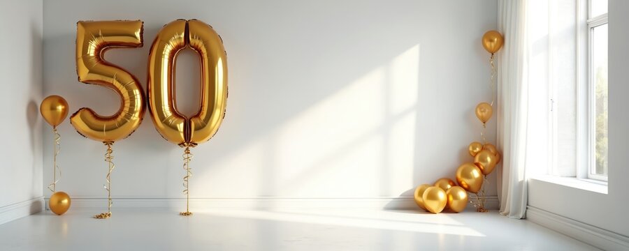 Golden number 50 balloon floats in white room. Metallic balloons decoration for fiftieth birthday or anniversary party. Celebration event with helium inflated symbol. Copy space for text available.