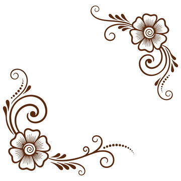 Brown floral swirls and dots forming decorative corner elements on white background henna mehndi