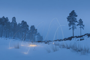 serene winter evening in mystical forest adorned with ultrabright digital lines and abstract symbols
