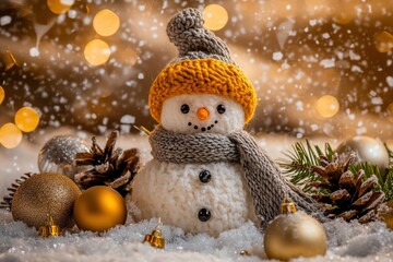 Obraz premium Knitted winter figure sits surrounded by festive decorations and falling snow