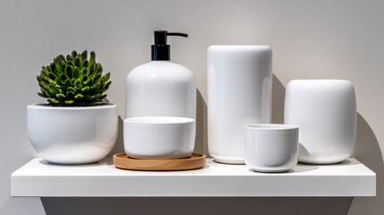 Luxury Product Display on Clean White Shelf, Minimalist Composition, Neutral Palette