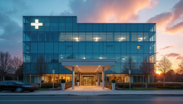 Modern glass hospital during evening time. Sky with clouds near medical building. Clinic architecture features cross symbol. Car rides near new hospital. Health services provided in modern facility.