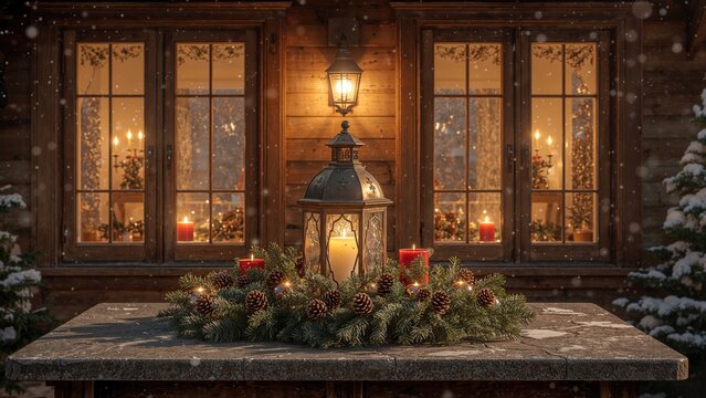 A cozy winter scene of a wooden house with lit candles and lanterns, decorated with candles and pine cones on a table outside during snowfall.