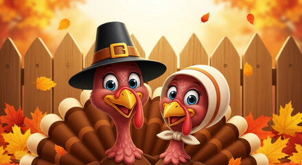 Cartoon turkeys in traditional attire with autumn leaves, symbolizing festive celebration, particularly Thanksgiving, with fall season backdrop and wooden fence