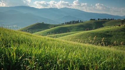 Lush green hills and mountains under partly cloudy sky, rolling landscape, natural scenery, countryside, and rural environment.