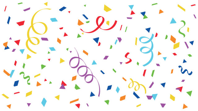 Colorful confetti background with ribbons and paper shapes on white. Festive celebration design for birthday, party, New Year, carnival, and holiday decoration. Bright joyful and cheerful atmosphere