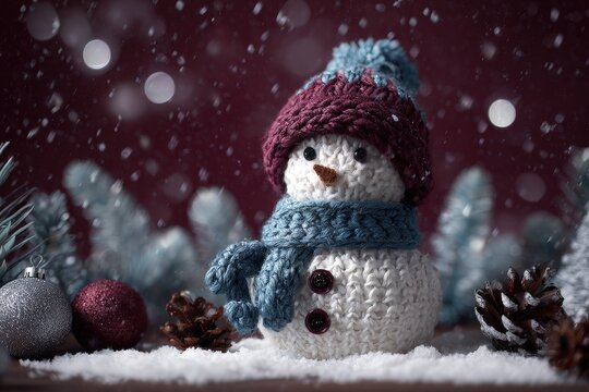 Knitted snowman figurine sits in artificial snow with festive decorations during a gentle snowfall - Powered by Adobe