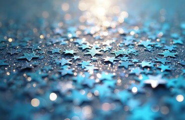 Stars lie on shiny surface. Many blue star shapes are on dark table. Stars are small glitter shapes. Backdrop is glowing with soft light and blurry flares. Shallow depth adds dreamy mood.