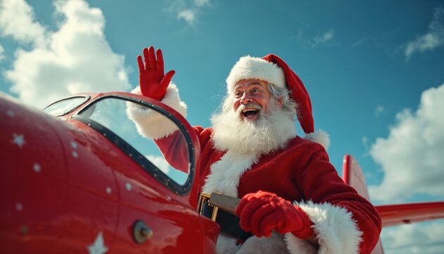 Jolly Santa Claus waves from cockpit of bright red airplane against blue sky with clouds. Excited man in festive suit smiles, enjoys flight, ready for Christmas holidays and New Year travel.
