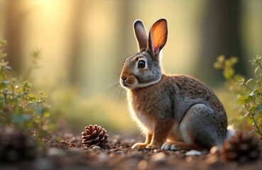 Fototapeta premium Small cottontail rabbit sits in forest floor with pinecone. Soft golden light illuminates its fur and big ears. Young wild mammal pauses near green plants in woodland.