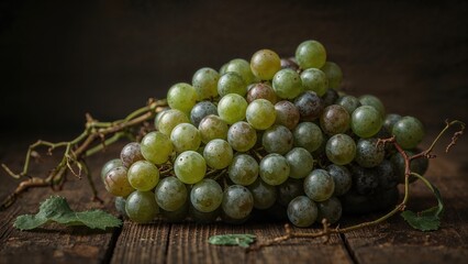 Cluster of green grapes on a wooden surface with leaves and vines.