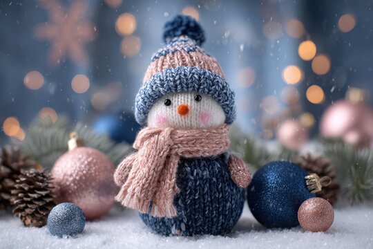 Knitted snowman figurine sits in artificial snow surrounded by festive decorations