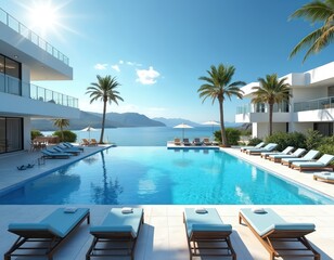 Fototapeta premium Modern white hotel with infinity pool overlooks calm blue sea, sky. Palm trees, sunbeds, lounge chairs around poolside. Bright sunny day, peaceful resort setting.