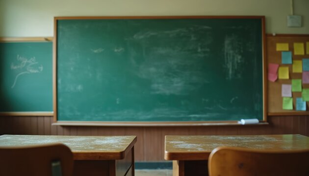 Classroom interior with green chalk board. There are desks and chairs in school room. Colorful stickers decorate notice board. It presents studying, learning, knowledge, back to school. - Powered by Adobe