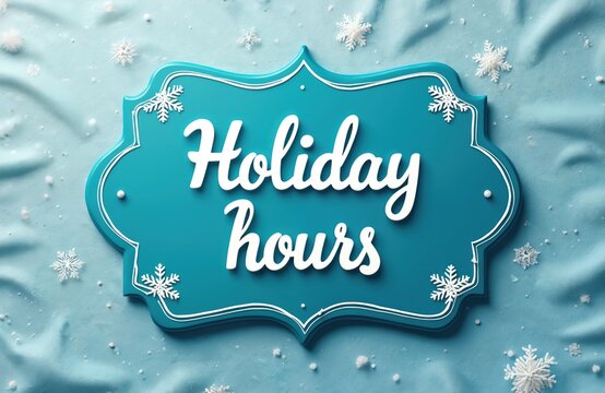 Festive blue sign displays Holiday Hours. White cursive font adds elegance. Snowflakes dot soft fabric surface. Perfect for store ads website graphics seasonal promotions. Winter sale schedule