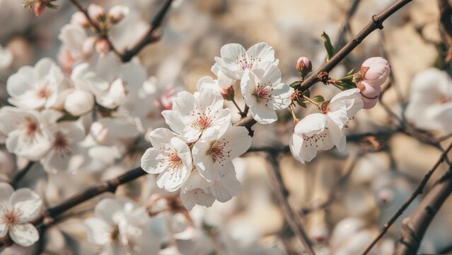 Blossoming cherry branches with pink and white flowers. Springtime, nature, floral, beauty. The image showcases blooming trees.