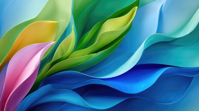 Abstract composition of biomorphic shapes resembling leaves and waves, soft gradient background, futuristic organic minimalism