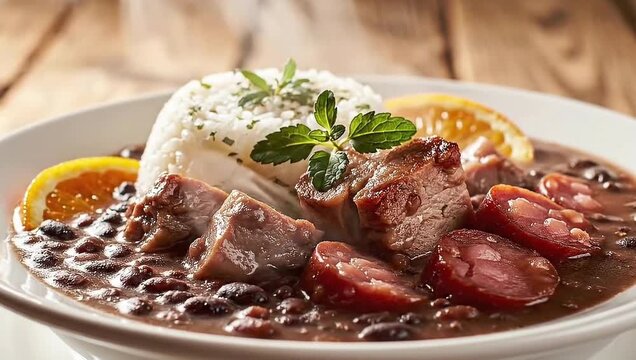Steaming hot Brazilian feijoada with fluffy rice, tender pork, sausage slices, and citrus garnish, a delicious hearty meal.