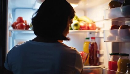 Woman contemplates late night snack choice from brightly lit, well stocked refrigerator
