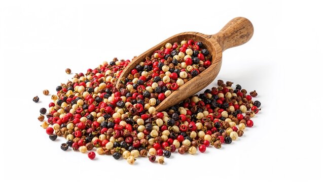 Mixed peppercorns in a wooden scoop with some scattered around. Spices and seasoning, condiment. Culinary ingredients. The concept of flavoring and spice blends