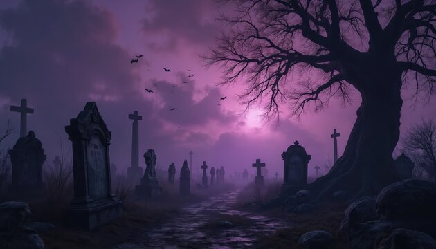 Eerie cemetery at twilight with tombstones and bats flying under a purple sky. Fog rolls in through ancient graves, creating a spooky graveyard scene. A gnarled tree looms large. - Powered by Adobe